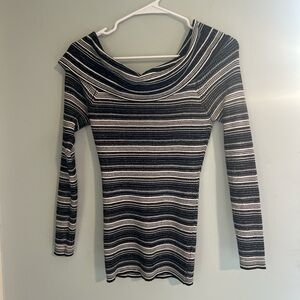 Candie’s Black White Striped Y2K Cowl Neck Off The Shoulder Boho Sweater Size L